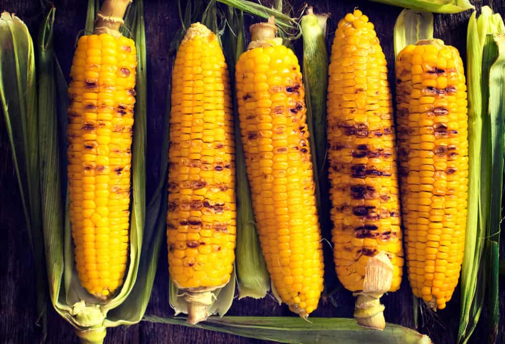 A row of roasted corn cobs from above on the wooden table